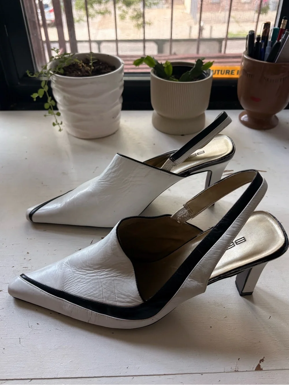 White and Black Leather Slingback Heels - Women's Fashion Pump